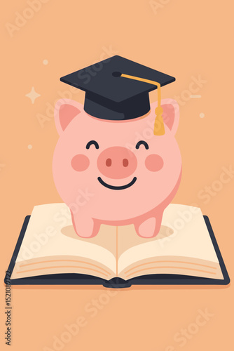Graduation Savings Concept: Happy Piggy Bank Wearing Mortarboard on Open Book - Education Funding, Future Investment, Financial Planning for Studies
