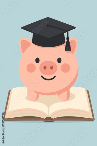 Graduation savings fund concept. Piggy bank wearing academic cap on open book. Investment in education. Financial planning for college, university. Student loan, scholarship, tuition, budget.