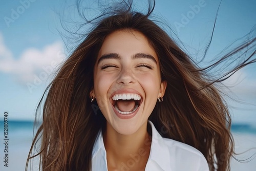 Laughing loudly, young woman in white blouse stands by windy sea with hair flying and radiant joy