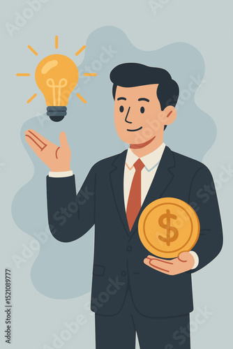 Entrepreneur presenting a brilliant business idea for investment, showing a glowing lightbulb and dollar coin, representing innovation, startup funding, and financial growth success