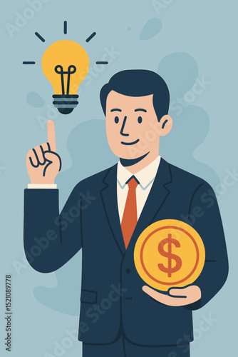 Entrepreneur with a bright financial idea, business man, smart investor. Creative innovation, successful startup, project concept. Man thinking about money investment, solution. Light bulb symbol.
