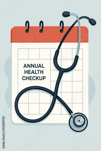 Annual Health Checkup Reminder Calendar with Stethoscope: Medical Appointment Scheduling for Routine Examination and Preventative Healthcare. Healthcare planning with medical equipment symbol.