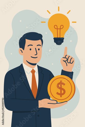 Creative entrepreneur holding dollar coin with glowing lightbulb, symbolizing a lucrative financial investment idea, startup, funding, business strategy, and innovative solution.