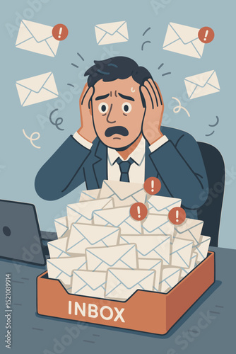 Stressed businessman overwhelmed by massive email inbox overload. Worried man experiencing professional burnout from too much digital communication. Office work anxiety.