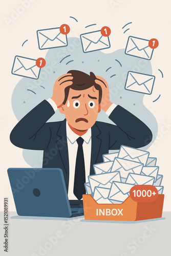 Email Overload Stress Businessman with Full Inbox and Flying Mails Depicting Information Overload, Inbox Management Challenges, and Digital Fatigue in Business Communication