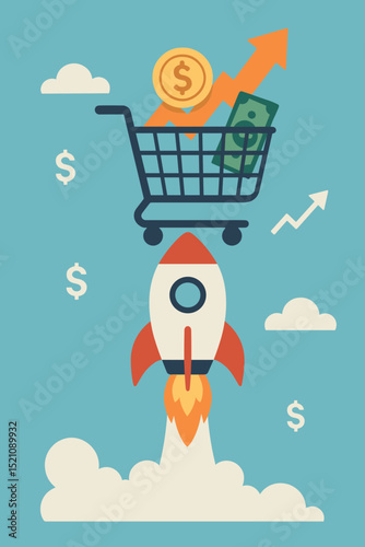 E-commerce rocket powered shopping cart blasting off with money and arrows, symbolizing rapid online business growth, sales boost, financial success, and market expansion strategy.