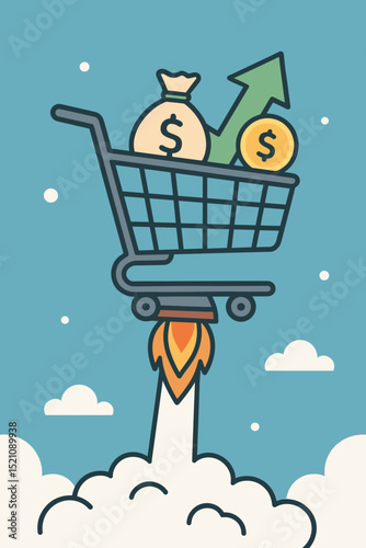 Rocket-powered shopping cart launching into the sky, symbolizing fast e-commerce growth, online sales boost, rapid financial success, and swift business acceleration