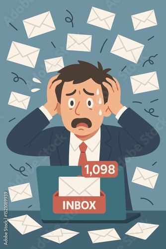 Overwhelmed Man with Email Overload, Inbox Full of Messages, Stressed Businessman, Digital Communication Problems, Vector Illustration, Mail Management Issues, Frustration