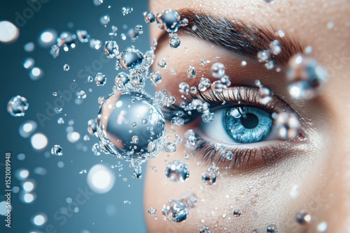 Blue female eye surrounded by suspended water droplets, symbolizing hydration, clarity and freshness in close-up