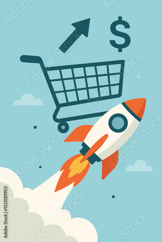 Rocket-powered shopping cart soaring through sky, illustrating rapid ecommerce growth, online sales acceleration, and business success with fast delivery and financial profit.