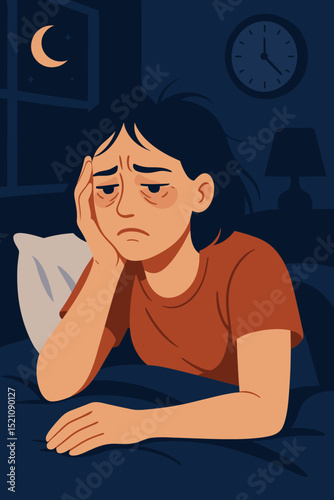 Exhausted woman suffering from insomnia, stress, and anxiety in a dark bedroom at night. Sleep deprivation, tired, restless, wide awake. Frustrated female with mental health problems, and fatigue.