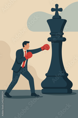 Corporate Business Strategy Challenge Metaphor. Businessman in Suit with Boxing Gloves Fighting Giant Chess King. Concept of Competition, Power, Success, and Tactical Leadership.