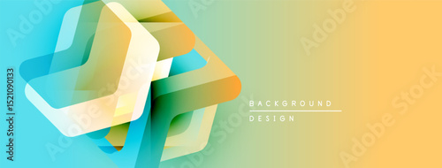 Abstract geometric shapes overlap, creating vibrant gradient background. Yellow, turquoise, orange hues blend smoothly. Modern design element.