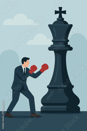 Corporate business challenge strategy with boxing gloves and chess king. Businessman fighting competition, problem, success. Metaphor of strategy challenge. Leadership battle. Win or lose.