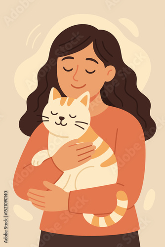 Woman embracing and cuddling her happy pet cat, finding comfort, joy, and emotional support in pet therapy and animal companionship, illustrating the bond and love of an owner.