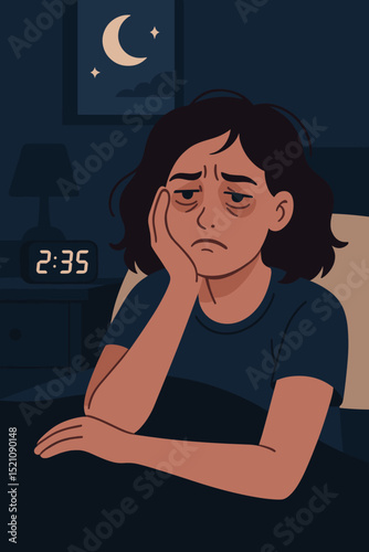 Exhausted woman in bed suffering from sleeplessness, insomnia, and frustration. Dark circles under eyes, fatigue and tiredness. Mental health, sleep disorder. Late night thoughts.
