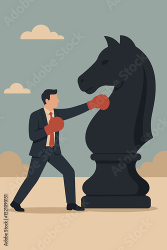 Business challenge strategy concept. Businessman fighting against a giant chess knight, competition, corporate struggle, management. Confrontation, power, success.