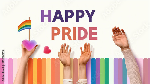 Vibrant Celebration of Diversity and Love with Colorful Hands, Hearts, and Rainbow Elements for Pride Month