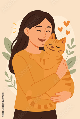 Happy woman embracing her pet cat, symbolizing pet therapy, comfort, and emotional support, showcasing the bond between human and animal for mental well-being and companionship