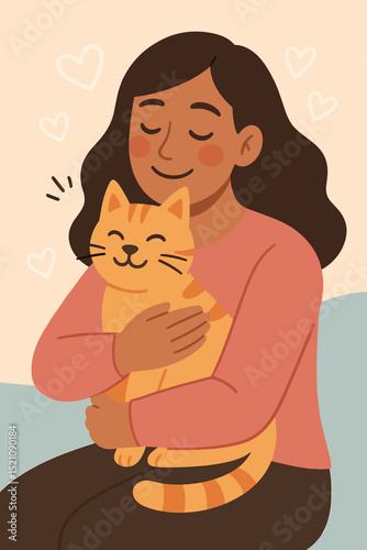 Cozy illustration of a woman embracing her happy ginger cat, highlighting the loving bond, pet therapy, comfort, companionship, and emotional support found in human-animal connections.