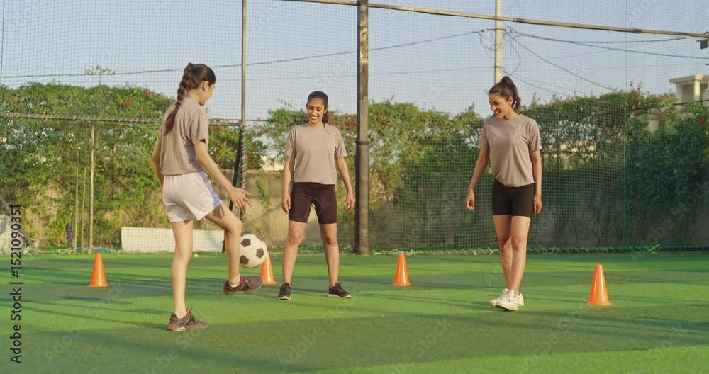 Indian happy young adult gen z group sports woman playing football together at outdoor playground yard smiling female players practice game kicking soccer ball enjoying team outside ground place