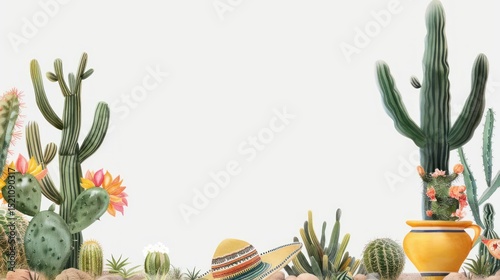 Cactus Landscape with Colorful Flowers and Traditional Sombrero in a Desert Setting