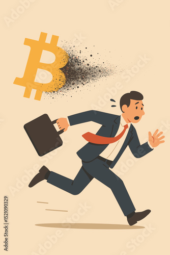 Distraught Businessman Running from Exploding Bitcoin Symbol, Crypto Currency Market Crash, Financial Instability, Investment Risk, Digital Asset Volatility and Economic Crisis