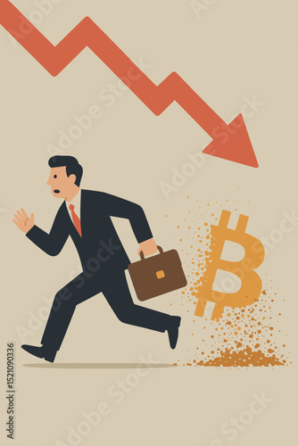 Bitcoin crash concept. Businessman runs in panic from financial loss, cryptocurrency decline, market fall, economic crisis. Crypto investment risk. Bear market. Digital currency devaluation