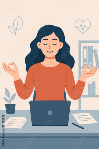 Serene woman meditating at office desk, finding peace and balance at work. Mindfulness and wellness concept for stress reduction and mental health in a busy corporate environment