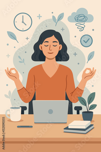 Serene woman meditating at office desk, managing stress, achieving work-life balance, mindfulness, digital detox, mental clarity, productivity boost, inner peace and calm during busy workday