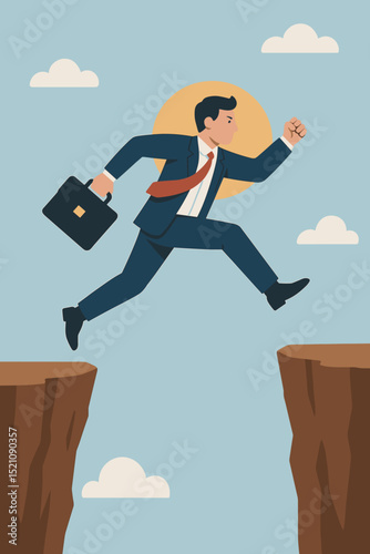 Ambitious businessman leaping across a chasm to achieve success, symbolizing career growth, overcoming business challenges, risk-taking, and strategic advancement in professional life