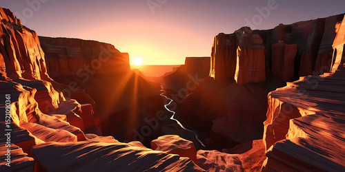 Shimmering River Valley at Sunrise with Rugged Cliffs

