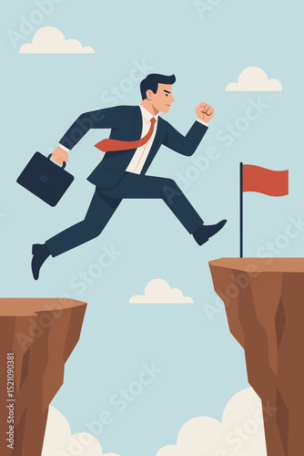 Ambitious businessman leaping across cliff to achieve success, overcoming obstacles to reach goal flag, representing business challenge, career growth, and determined professional leadership