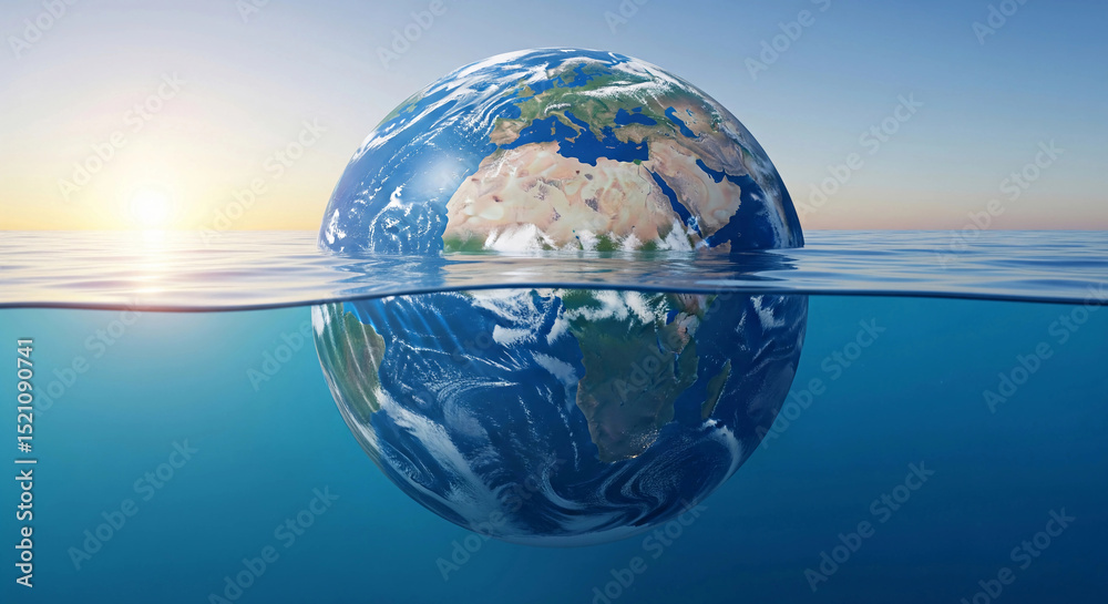 Fototapeta premium Creative image of planet Earth submerged halfway in water, symbolizing climate change, global warming, water crisis, and environmental sustainability for eco-awareness and conservation campaigns.