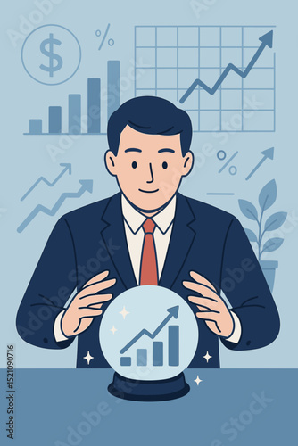 Financial forecast business growth. Investment planning. Businessperson, economist, manager predicting future market trends, economic analysis, stock strategy. Crystal ball prediction.