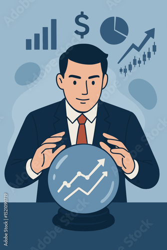 Financial analyst predicts future investments, economic growth, market trends. Investor with crystal ball forecasting stock market. Business planning, finance management.