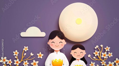 Cheerful mother and daughter holding lotus flowers in a whimsical spring setting with moon and blooming flowers, perfect for family and nature themes
