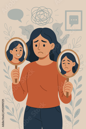 Emotional reflection concept with confused woman holding mirrors showing happy and sad faces, mental health awareness, inner conflict, mood disorder, anxiety, psychology illustration