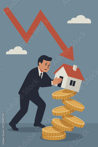 Stressed businessman struggling to protect housing investment. Economic recession, declining real estate market, financial crisis, debt, mortgage stress, and plummeting property value.