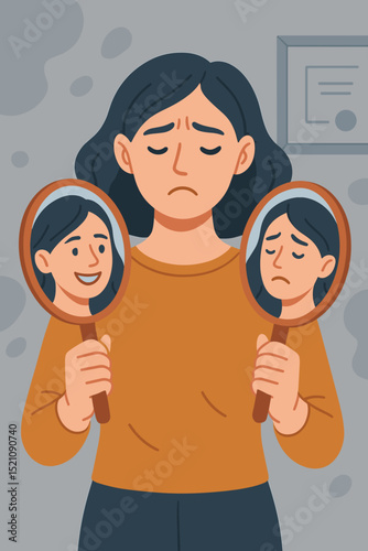 Woman showing true feelings and happy face illusion. Bipolar disorder, split personality, depression, anxiety, or mood swings. Mental health psychology problem illustration.