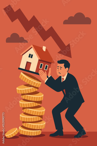 Protecting Real Estate Investment from Financial Crisis. Businessman Defending House on Stack of Coins Against Market Crash. Falling Arrow, Economic Downturn, Recession Fear Concept.