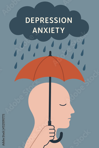 Mental health protection concept: Person holding umbrella shielding from depression and anxiety rain cloud. Symbolizing psychological well-being, support, and emotional security.