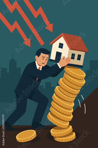 Desperate businessman struggling to protect housing investment from falling market, real estate crisis, financial collapse, economic recession, mortgage risk, property value depreciation
