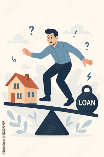Financial risk management. Man balancing house, loan debt. Mortgage burden, credit interest, debt. Financial struggle, home budget, investment uncertainty. Payment problems, economic crisis.