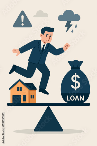 Balancing mortgage loan risks, financial uncertainty, house and money bag on scale. Businessman facing economic crisis, credit, debt, investment, price stability illustration