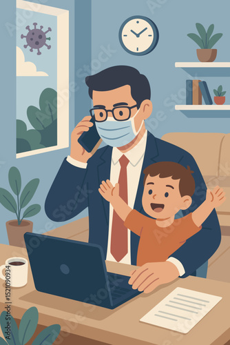 Father juggling home office work, remote work, childcare, and phone calls during coronavirus pandemic. Dad wearing mask working from home with child. Remote business and parenthood balance
