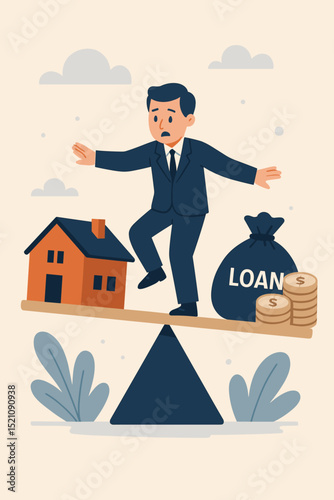 Man balancing house, loan, and money on a seesaw. Mortgage risk, financial stability, and real estate investment concept. Business, finance, debt, and property illustration.