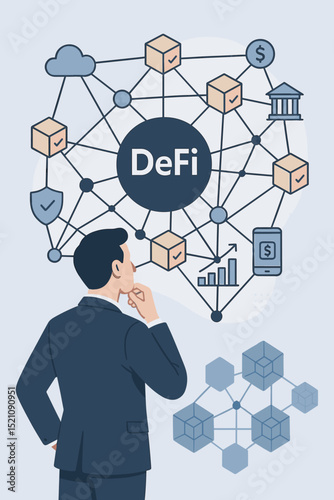 Decentralized finance DeFi network, cryptocurrency, blockchain, banking, and digital financial transactions concept. Investor, businessman observes crypto data for investment opportunity.