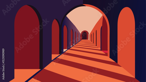 Architectural corridor with arches and sunlight vector illustration background design