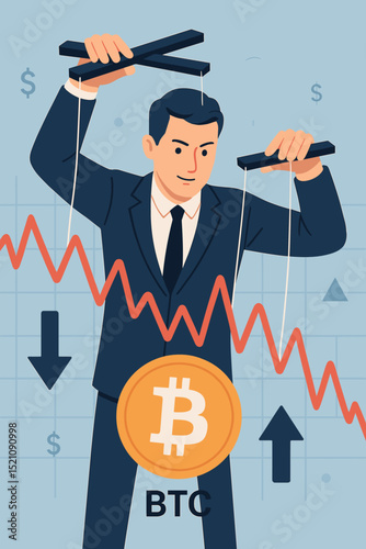 Cryptocurrency Market Manipulation Concept. Man as a Puppet Master Controlling Bitcoin Value, Crypto Trading, Price Fluctuation. Financial Economy Global Investment Risks and Fraud.